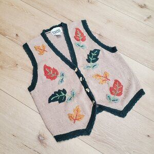Vintage Teddi Fall Leaf Sweater Vest Cottagecore Button Embroidered Grandma Sz S